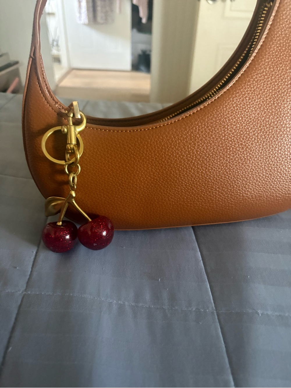 Purse charm Gold Cherry Keychain with Red Glitter Cherries
